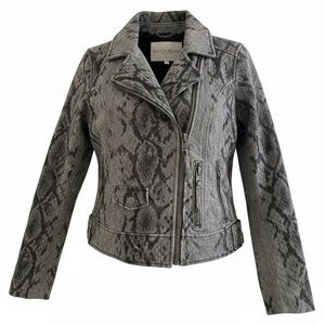 Suede Leather Jacket Sz 6 Grey Snake Moto industrial zip harness buckle waist